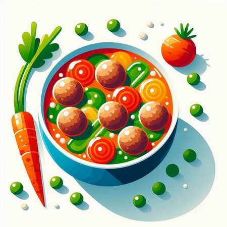 Vector illustration of a bowl of vegetable soup with meatballs and carrotsのイラスト素材