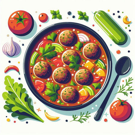 Meatballs in tomato sauce in bowl with vegetables. Vector illustration.のイラスト素材
