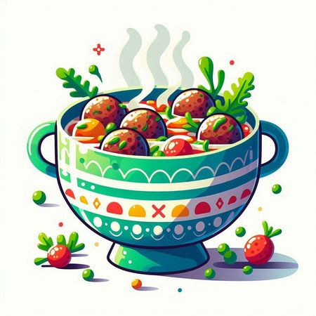 Vector illustration of a bowl of meatballs with vegetables and herbs.のイラスト素材