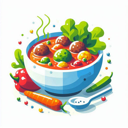 Bowl of soup with meatballs and vegetables. Vector illustration.のイラスト素材