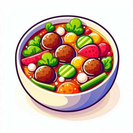 Vegetable salad with meatballs in bowl. Vector illustration.のイラスト素材