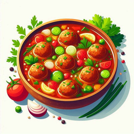 Meatballs in tomato sauce with parsley, onion, parsley, pepper and leek. Vector illustration.のイラスト素材