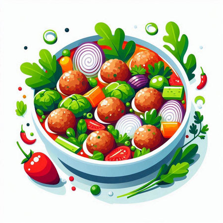 Vegetable salad with meatballs and vegetables in a bowl. Vector illustration.のイラスト素材