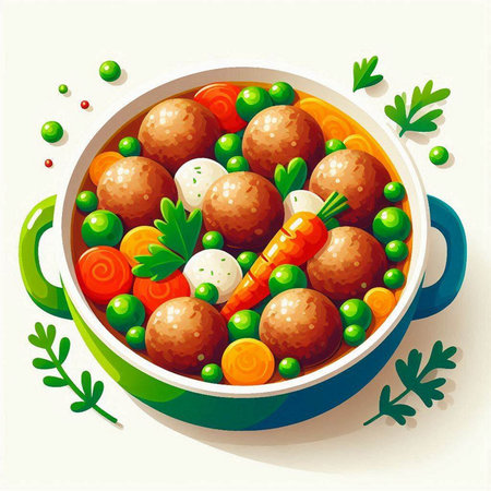 Meatballs with carrots and peas in a pot. Vector illustration.のイラスト素材