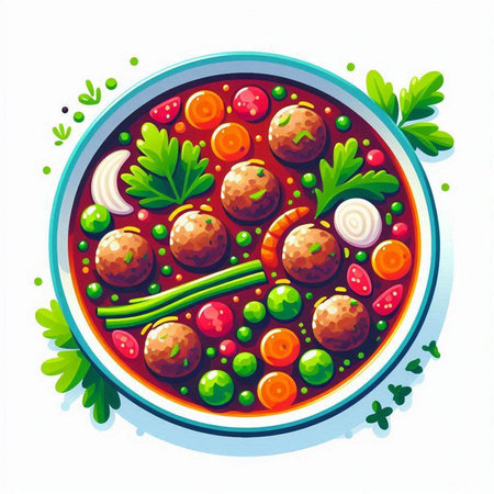 Vegetable soup with meatballs and vegetables. Vector illustration.のイラスト素材