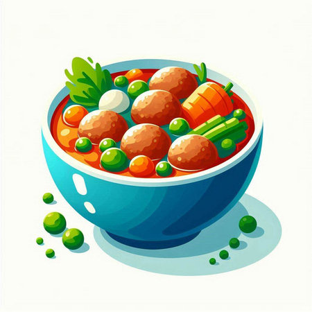 Illustration of a bowl of vegetable soup with meatballs and peasのイラスト素材