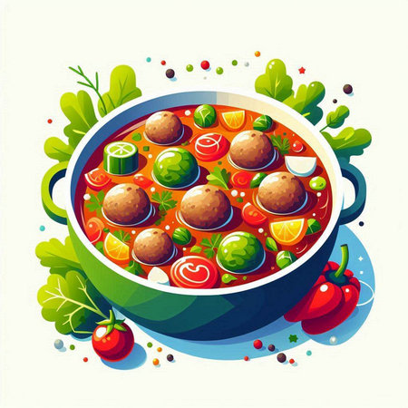 Vegetable soup with meatballs and vegetables. Vector illustration.のイラスト素材