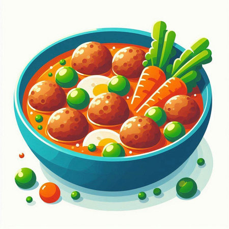 Vector illustration of a bowl of meatballs with green peas and carrotsのイラスト素材