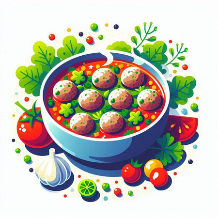 Tomato soup with meatballs in a bowl. Vector illustration.のイラスト素材