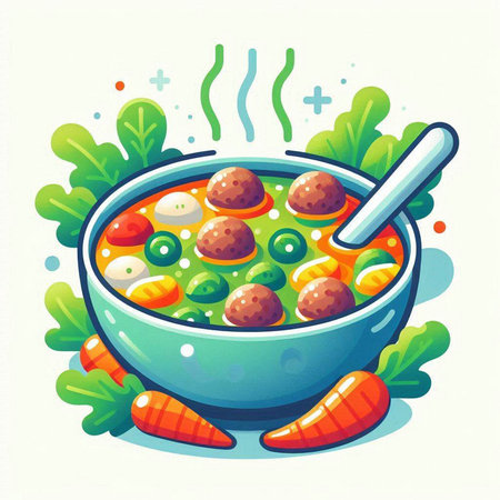 Cartoon vector illustration of a bowl of soup with meatballs and vegetablesのイラスト素材