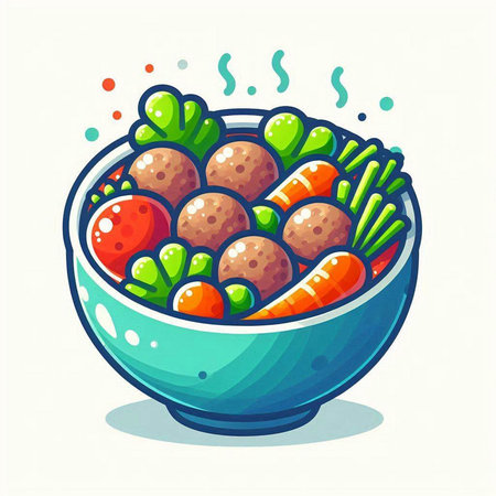 Bowl of salad with meatballs and vegetables. Vector illustration.のイラスト素材