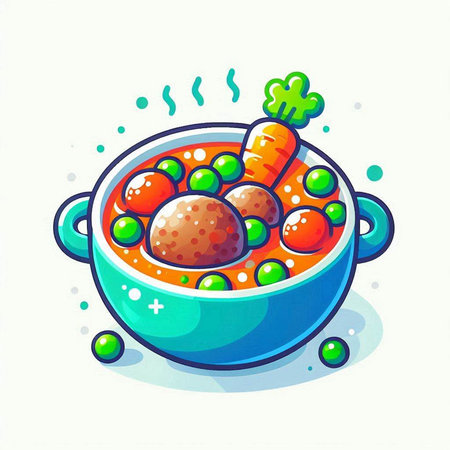 Illustration of a bowl of soup with meatballs, carrots and peasのイラスト素材