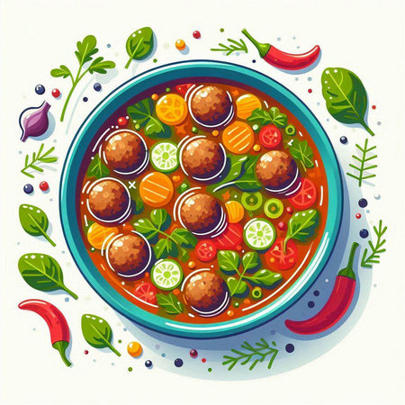 Bowl of vegetable soup with meatballs and vegetables. Vector illustration.のイラスト素材