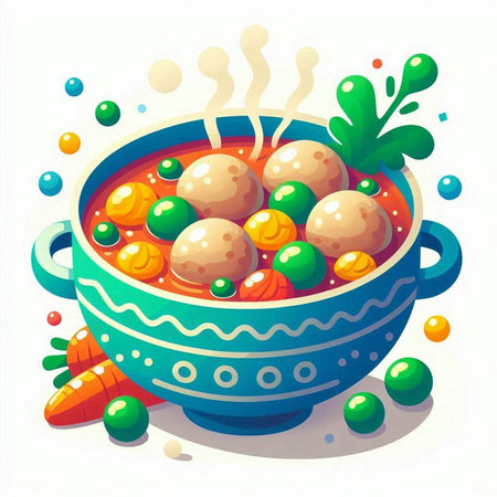 Vector illustration of a bowl of soup with meatballs and vegetables.のイラスト素材