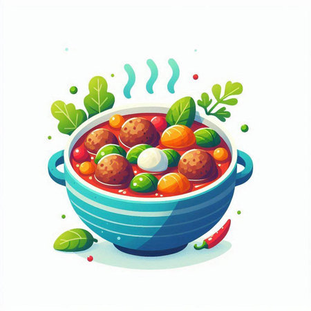 Soup with meatballs and vegetables in a blue bowl. Vector illustration.のイラスト素材