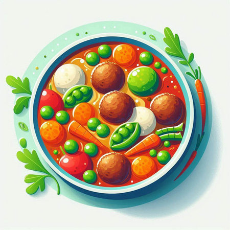 Illustration of a bowl of soup with meatballs, peas and carrotsのイラスト素材