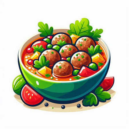 Vector illustration of a bowl of meatballs with tomato sauce and parsleyのイラスト素材