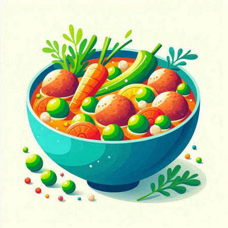 Vegetable salad with meatballs in bowl. Vector illustration.のイラスト素材