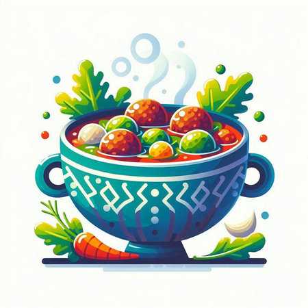 Vector illustration of bowl of soup with meatballs, vegetables and greens.のイラスト素材
