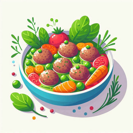 Vegetable salad with meatballs in bowl. Vector illustration.のイラスト素材
