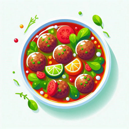 Meatballs in tomato sauce with lettuce and lemon. Vector illustration.のイラスト素材