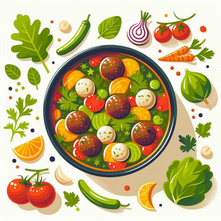 Vegetarian salad with meatballs, tomato, cucumber, onion, zucchini, parsley, pepper and garlic. Vector illustration.のイラスト素材