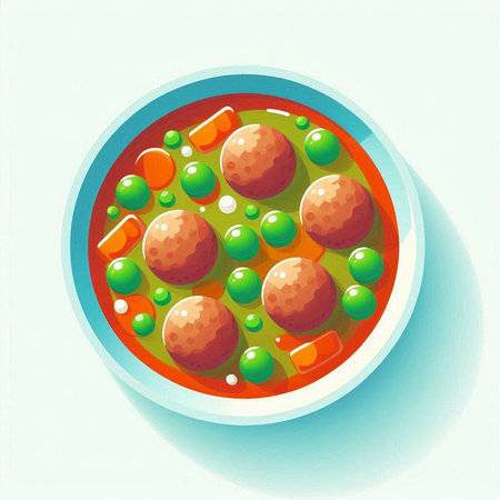 Illustration of a bowl of meatballs with peas and carrots.のイラスト素材