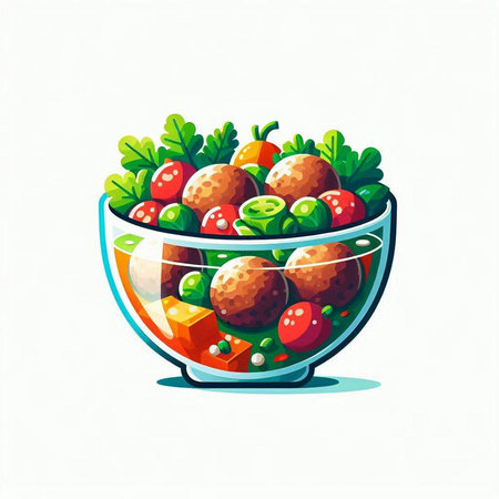 Vegetable salad in glass bowl with meatballs. Vector illustration.のイラスト素材
