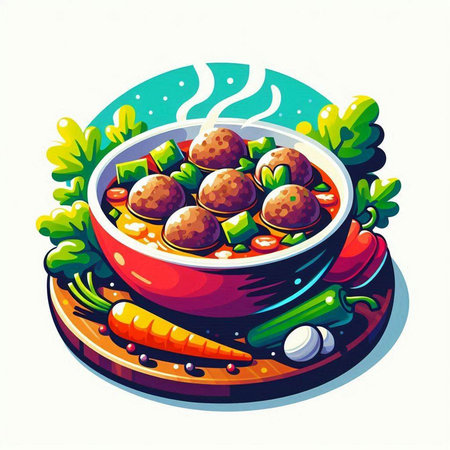Vegetable soup with meatballs in bowl. Vector illustration.のイラスト素材