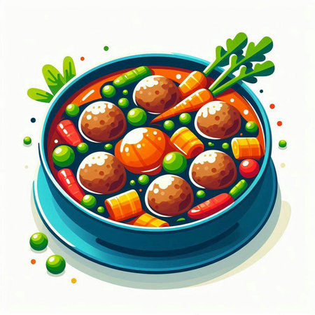 Meatballs with vegetables in a bowl on a white background. Vector illustration.のイラスト素材