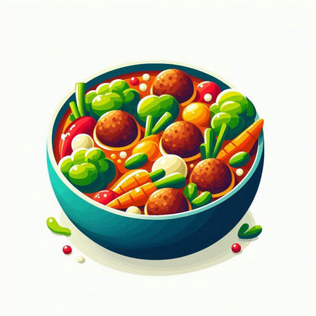 Vegetable soup with meatballs in bowl. Vector illustration.のイラスト素材