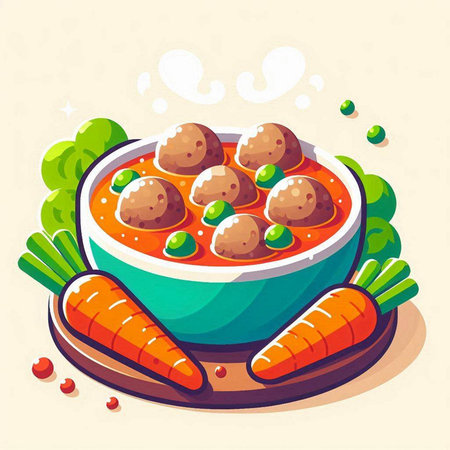 Illustration of a bowl of vegetable soup with meatballs and carrotsのイラスト素材
