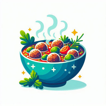 Illustration of a bowl of rice with meatballs and herbs.のイラスト素材