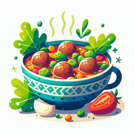 Vector illustration of a bowl of meatballs with vegetables and spices.のイラスト素材