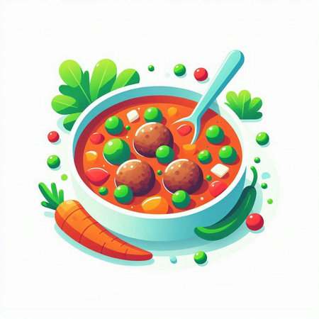 Vector illustration of a bowl of soup with meatballs and vegetables.のイラスト素材