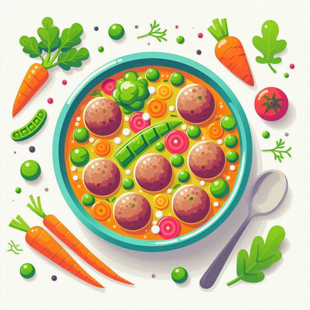 Vegetable soup with meatballs, carrots and peas. Vector illustration.のイラスト素材