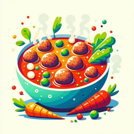 Vegetable soup with meatballs in a bowl. Vector illustration.のイラスト素材
