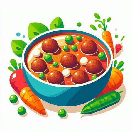 Vector illustration of a bowl of vegetable soup with meatballs and vegetablesのイラスト素材