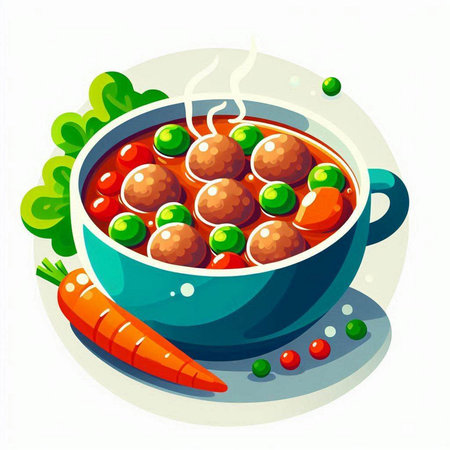 Meatballs in tomato sauce with green peas in a bowl. Vector illustration.のイラスト素材