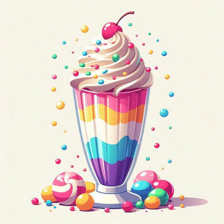 Colorful cupcake with whipped cream and candies. Vector illustration.のイラスト素材