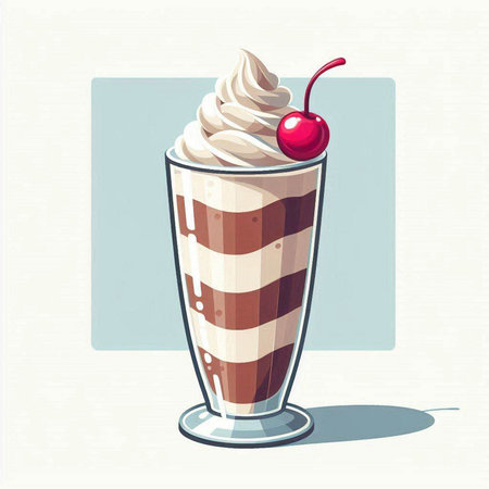 Vector illustration of a chocolate milkshake with whipped cream and cherry.のイラスト素材