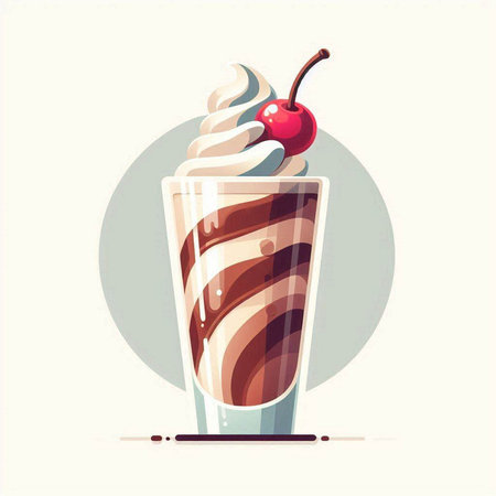 Vector illustration of milkshake with whipped cream, cherry and chocolateのイラスト素材