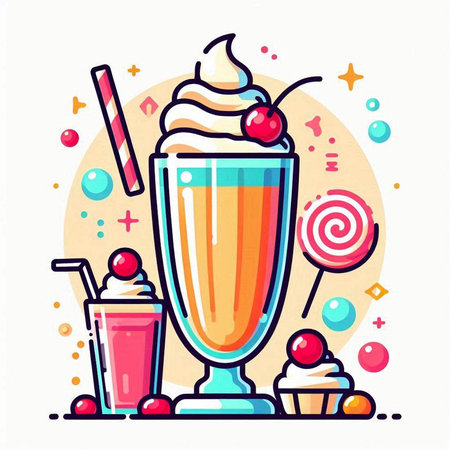 Colorful vector illustration of milkshake in glass with ice cream, cherry, lollipops, candies.のイラスト素材