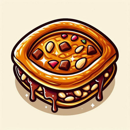 Illustration of a chocolate pie with nuts and chocolate syrup in cartoon styleのイラスト素材