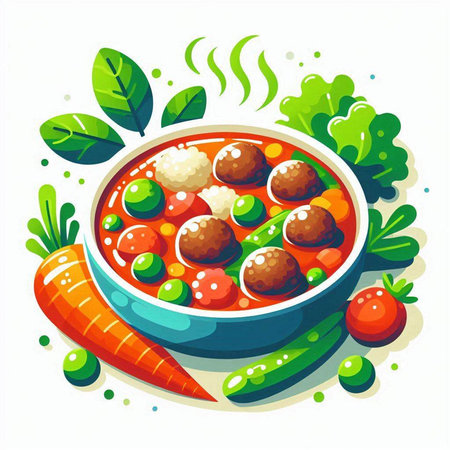 Meatballs in tomato sauce with green peas and carrots. Vector illustrationのイラスト素材