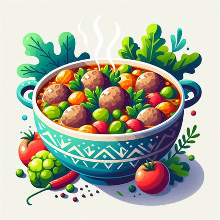 Bowl with meatballs, vegetables and spices. Vector illustration.のイラスト素材