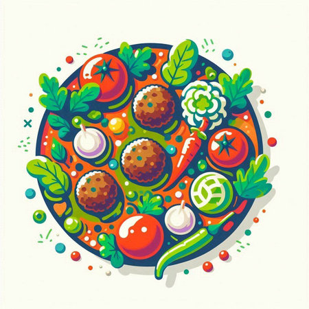 Vector illustration of a plate with meatballs, vegetables and mushrooms.のイラスト素材