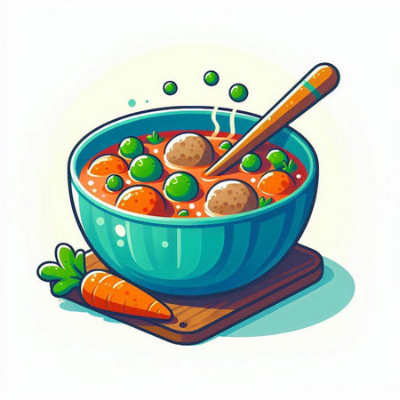 Bowl of soup with meatballs and peas. Vector illustration.のイラスト素材