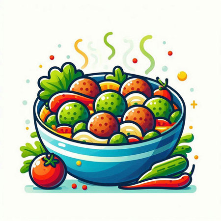Vegetable salad in a blue bowl. Vector illustration of a vegetable salad.のイラスト素材