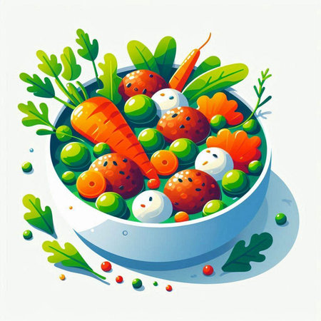 Illustration of a bowl of vegetable salad with carrots, olives and peasのイラスト素材